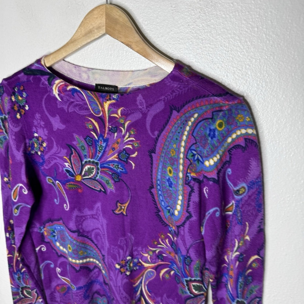 Talbots Merino Wool Purple Paisley Long Sleeve Spring Sweater Womens Medium - Picture 2 of 10